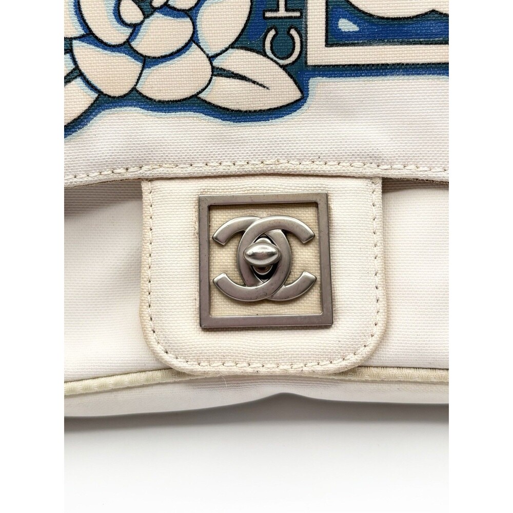 Chanel White & Blue Floral Print Nylon Canvas Sport CC Flap Bag Vintage Y2K - Picture 15 of 16